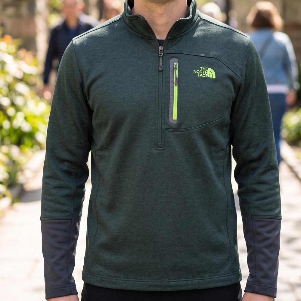 The North Face Mens Quarter Zip Pullover Forest Green Lime Fleece Hiking Jacket